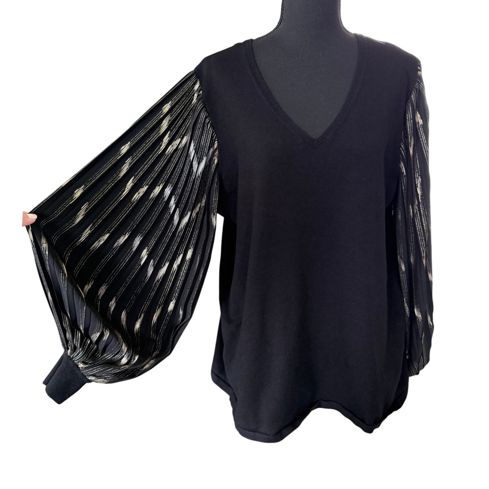 Chico's Black V-Neck Sweater Metallic Gold Pleated Balloon Sleeve Top Size 3 XL